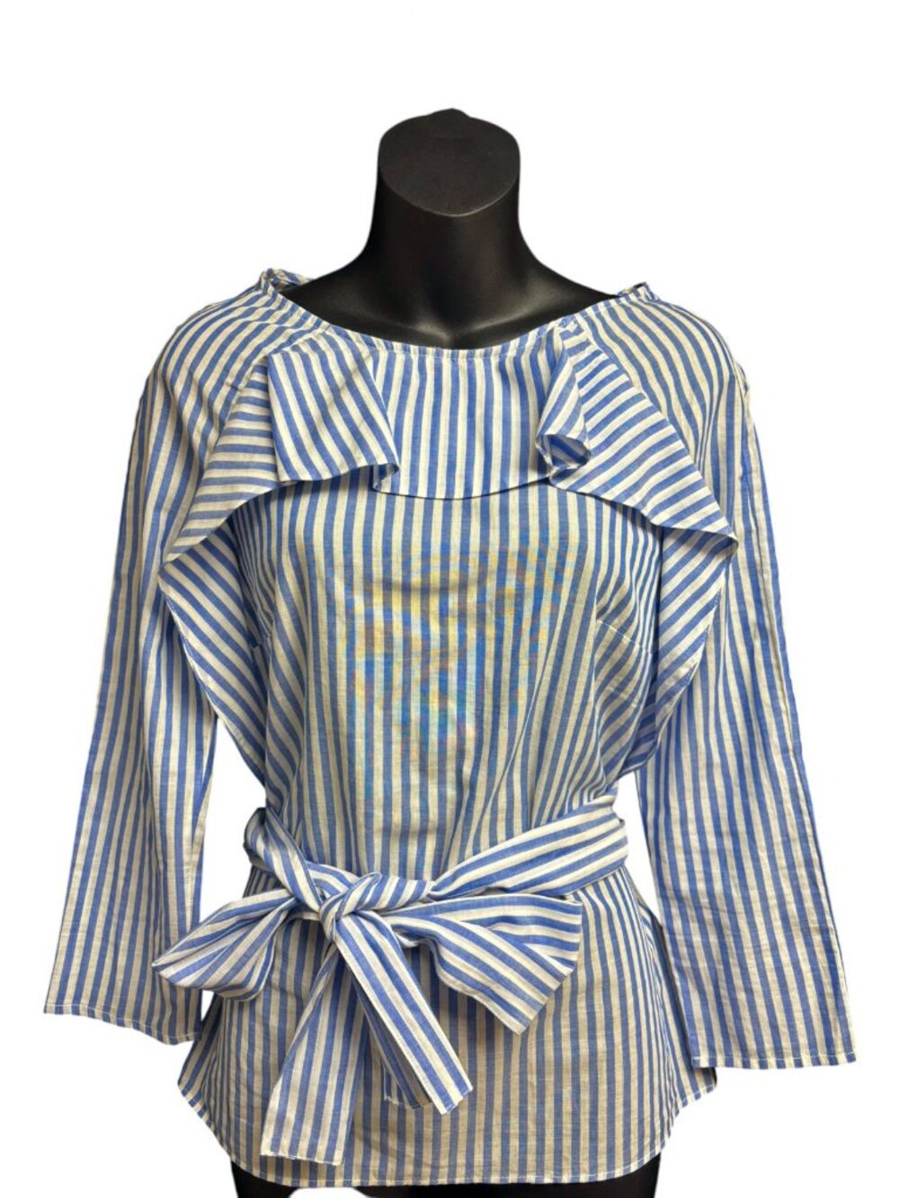 H&M Blue White Striped Cascade Ruffle Waist Tie Poplin Blouse